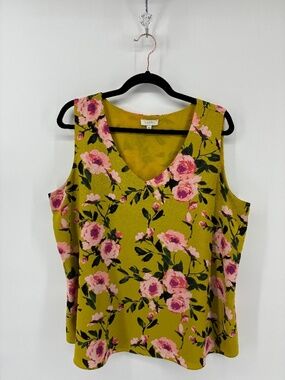 Laura Olive Green Sleeveless Tank Top with Floral Design